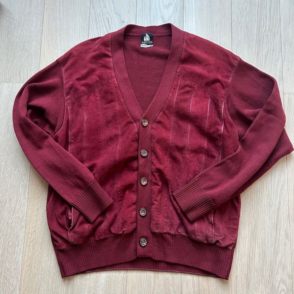 Lanvin Vtg Grandpa Mens Burgundy Suede Paneled Knit Cardigan Sweater Sz 46 M/L‎